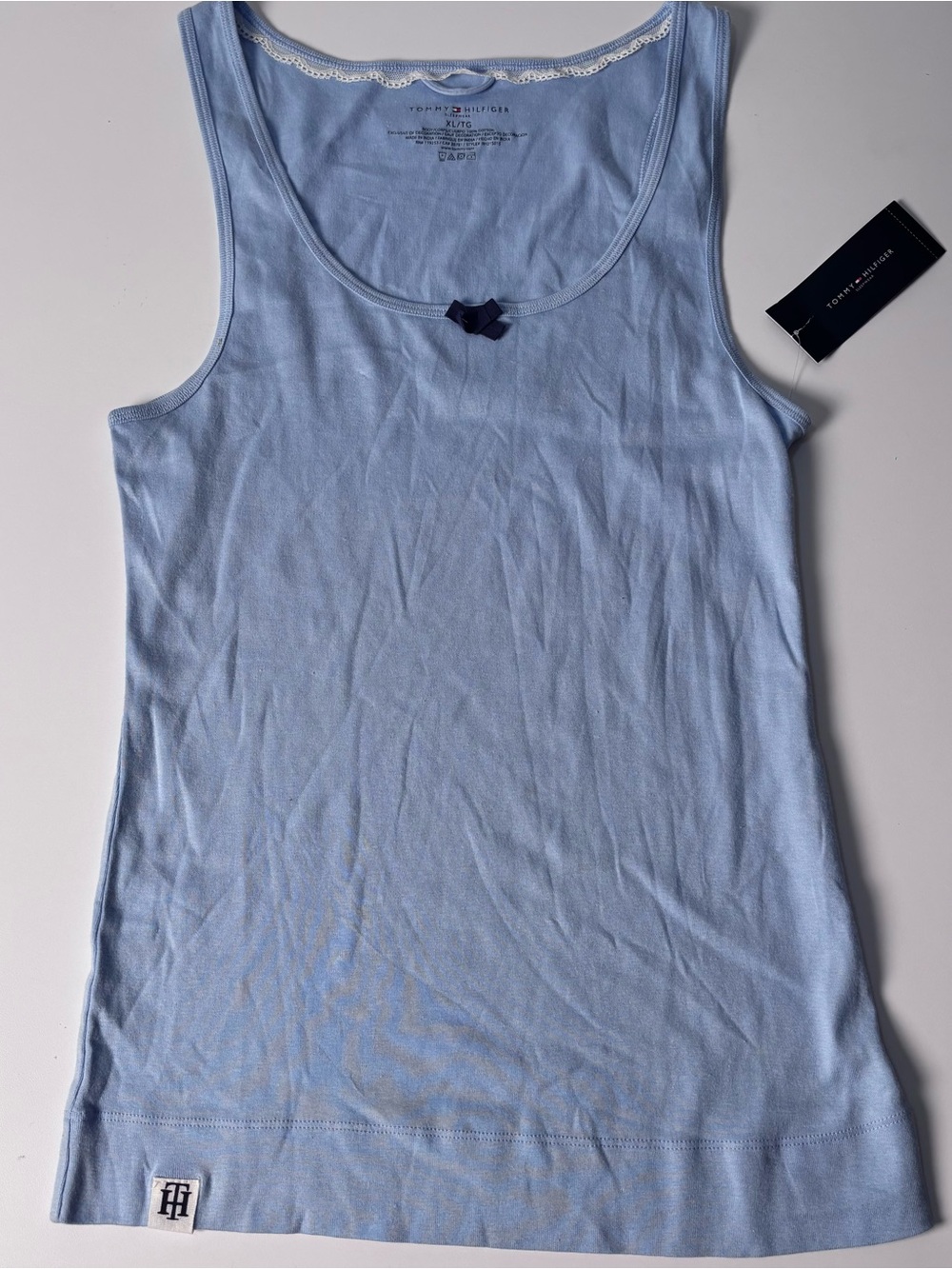 Tommy Hilfiger Light Blue Cotton Lace-Trim Tank with Navy Bow